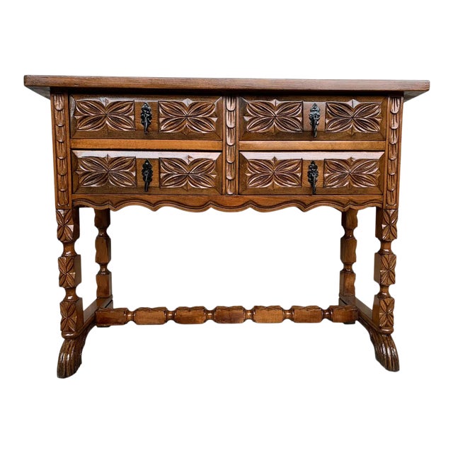 Early 20th Century Century Catalan Spanish Carved Walnut Console Table For Sale