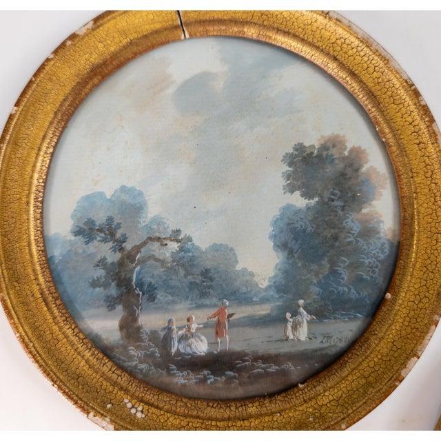 18th Century Pair of French Miniature Gouache Landscape Paintings by Louis-Gabriel Moreau For Sale - Image 4 of 14