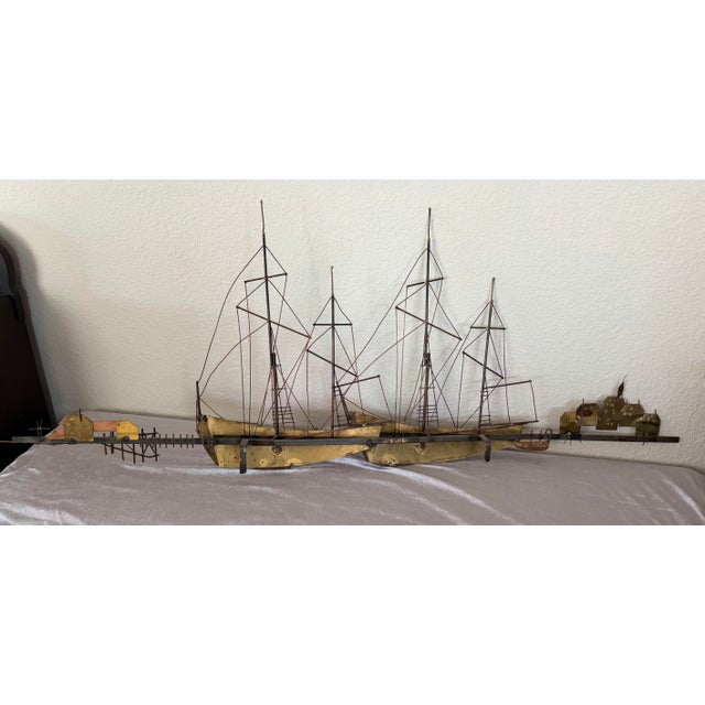 1970s Sailing Duo, Brass Sailboat Sculpture by Curtis Jere, 23" X 53" For Sale - Image 12 of 12