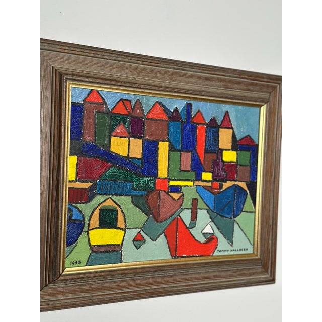 Original Mid Century Swedish Oil on Panel – Harbour scene by Tommy Hallberg (1958) – Vintage & Framed – 45.5 × 37.5 cm A...