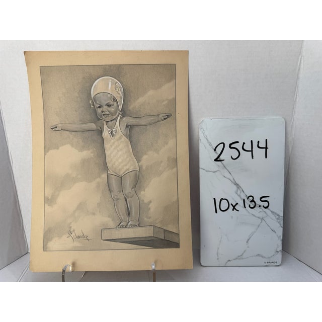 1940s 1940s Original Signed Graphite Illustration of Child on Diving Board, 13.5 × 10 In. For Sale - Image 5 of 5