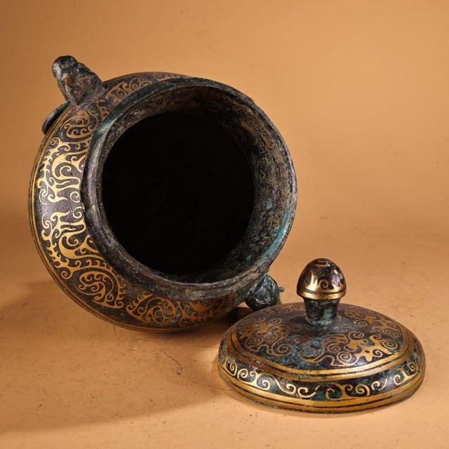 Metal Bronze Lidded Jar With Gold Inlay - Archaic Style Vessel For Sale - Image 7 of 10