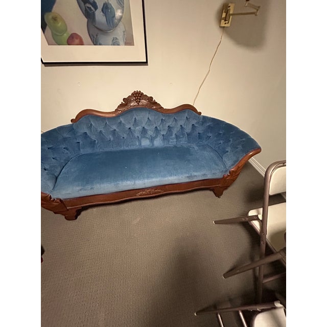 Victorian Antique Victorian Eastlake Tufted Blue Velvet Walnut Parlor Settee Sofa For Sale - Image 3 of 9