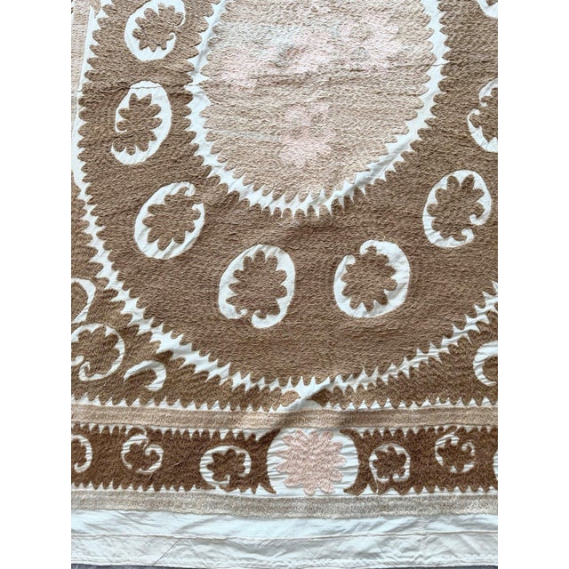 Mid-Century Modern Suzani Wall Tapestry - Neutral Tan Uzbek Tablecloth 5' X 5'1'' For Sale - Image 3 of 9