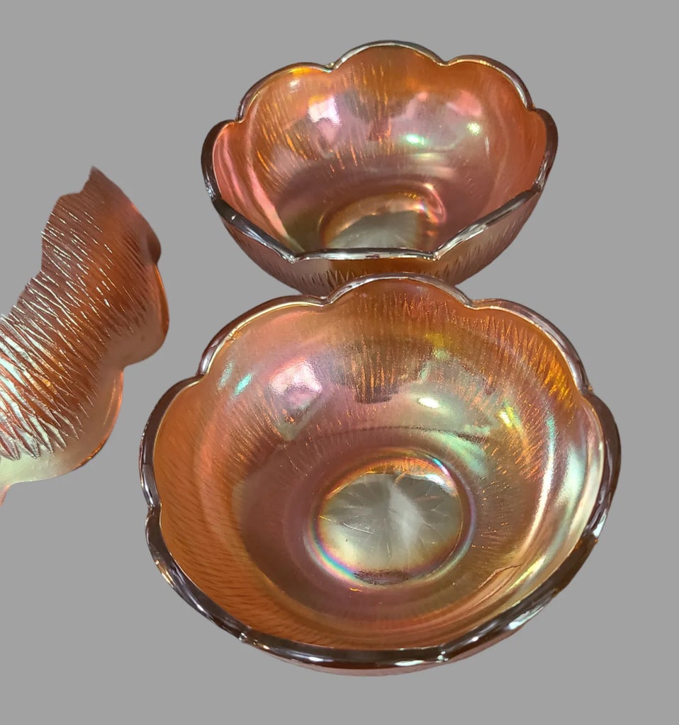 Vintage Marigold Carnival Glass Scalloped Edge Berry Dessert  Vintage Carnival Merigold Glass Berry Bowl Ruffled Bowl 6 Matching Small Bowls main image 0