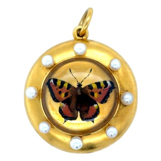 Rare Antique Essex Crystal Butterfly Locket Pendant 22k Yellow Gold For Sale