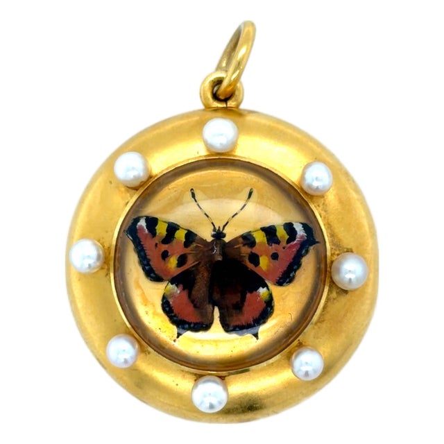 Rare Antique Essex Crystal Butterfly Locket Pendant 22k Yellow Gold For Sale