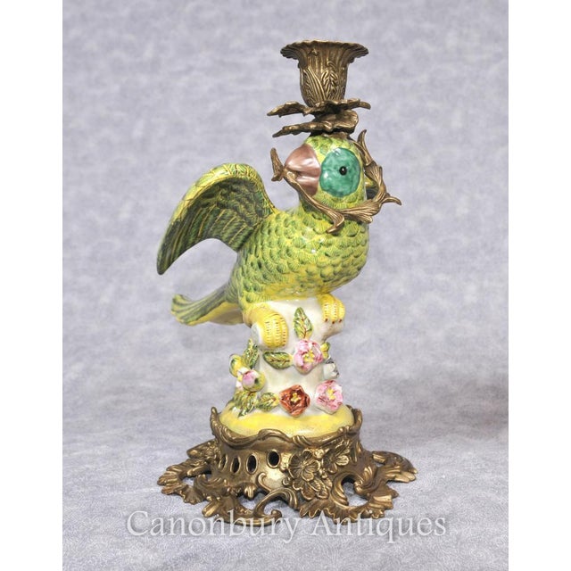 French Porcelain Parrot Candleholders, Set of 2 For Sale - Image 4 of 14