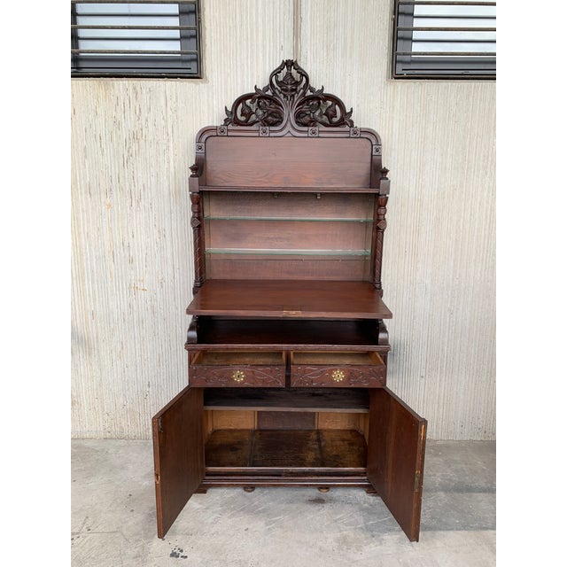 About Arts & Crafts oak sideboard with dry bar top and cupboard in oak, bronze and brass Impressive buffet or sideboard,...