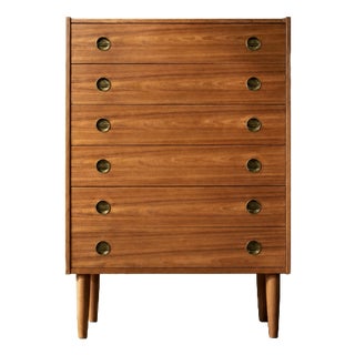 Mid-Century Danish Modern High Teak Highboy with Brass Handles, 1960s For Sale