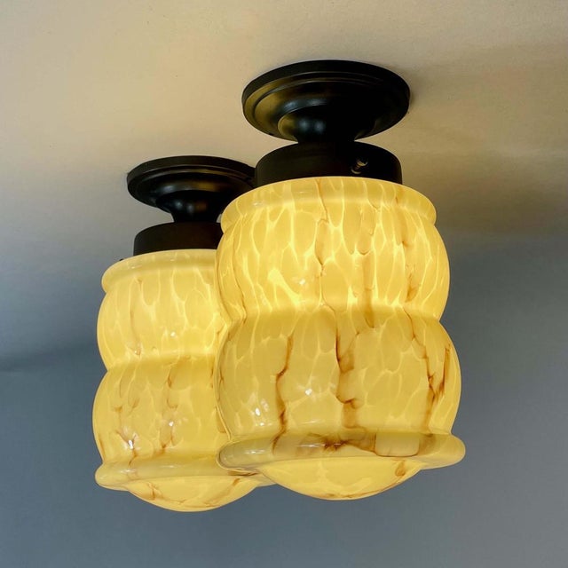 Art Deco Marbled Opaline & Burnished Brass Flush Mounts, Germany, 1930s, Set of 2 For Sale - Image 3 of 16