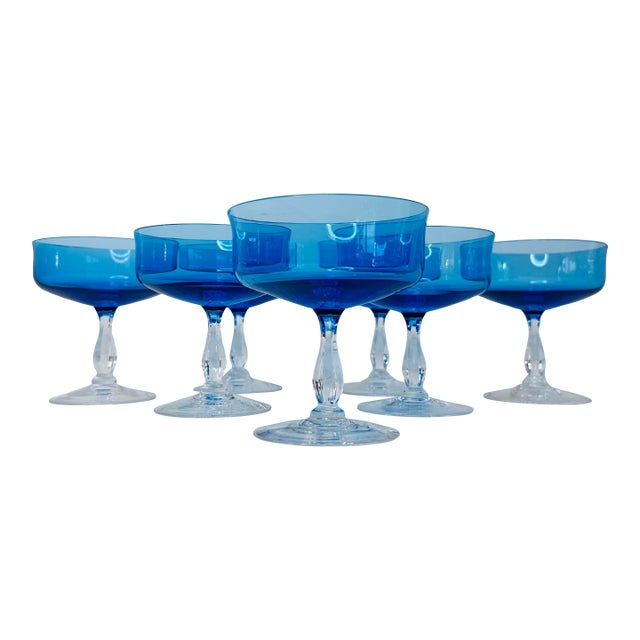Vintage 1960s Periwinkle Blue Glass Coupes, Set of 7 For Sale