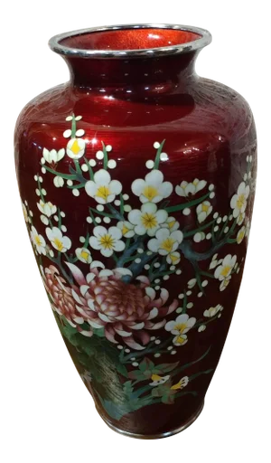 Vintage Japanese Red Cloisonné Flower Vase