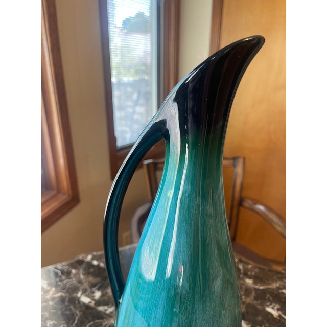 Contemporary Glazed Pottery Pitcher in Blue and With Black Accents For Sale - Image 3 of 6
