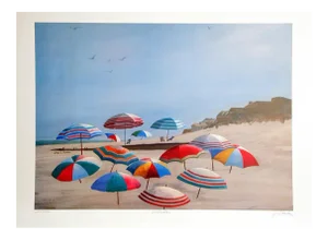"Umbrellas" Signed Beach Lithograph by Jean L. Barton