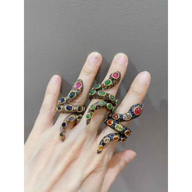 Metal Bochic “Orient” Serpent Fancy Sapphire & Ruby Ring Set In 18K Gold & Silver, Size 10 For Sale - Image 7 of 12