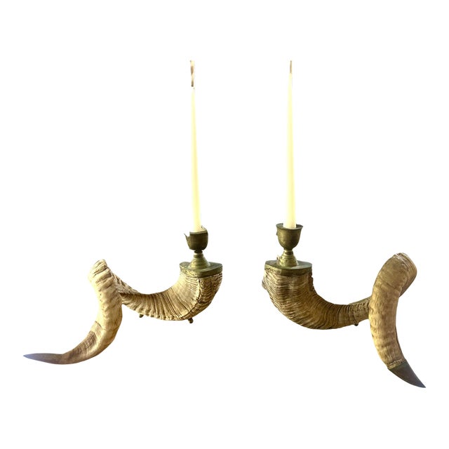Vintage Ram Horn Candle Holders Pair For Sale