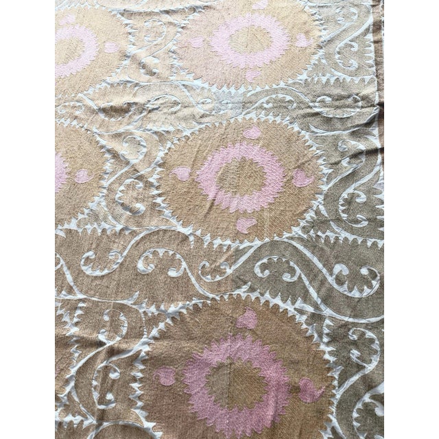 Hand-Embroidered Large Neutral Tan Suzani Bedspread For Sale - Image 4 of 9