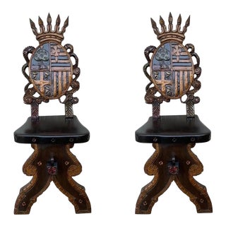 20th Century Spanish Polychromed Sgabello Carved Side Chairs - a Pair For Sale