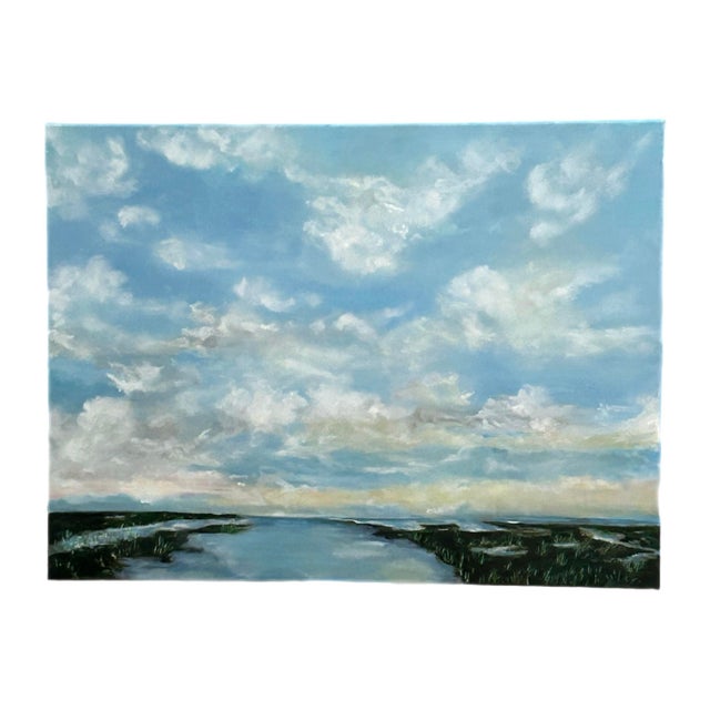 Painting of a cloud filled sky over the everglade landscape in a gold tone floater frame. Artist uses various blue sky...