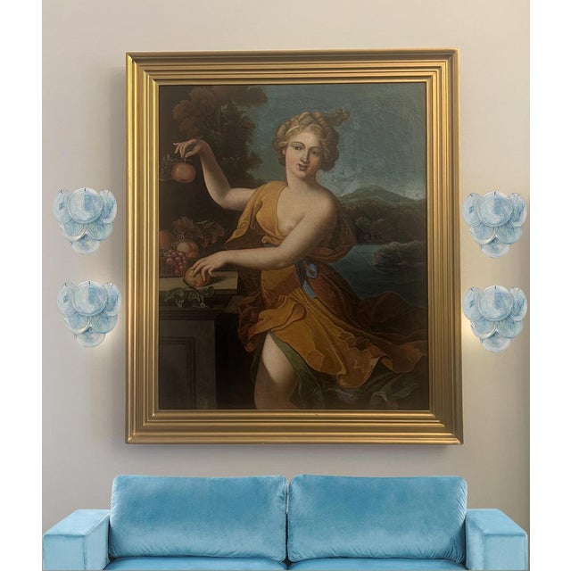 Four Italian Murano sconces. Wall lights have 6 glass for each, blue alabaster glasses. Nickel metal frame. Period: late...