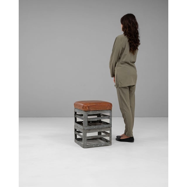 Mid-Century Modern 20th Century Czechia Metal Stool With Leather Seat For Sale - Image 3 of 18