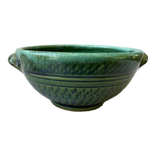 Vintage Green Glazed Ceramic Pottery Bowl With Side Handles For Sale