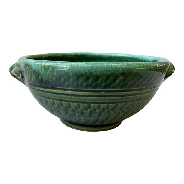 Vintage Green Glazed Ceramic Pottery Bowl With Side Handles For Sale