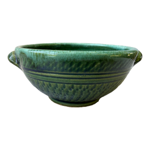 Vintage Green Glazed Ceramic Pottery Bowl With Side Handles