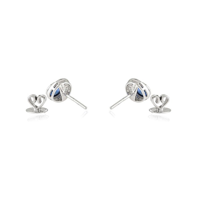 Ink Blue Vintage Style 1.27 Ct Blue Sapphire & Diamond Stud Earrings in 14k White Gold For Sale - Image 8 of 16