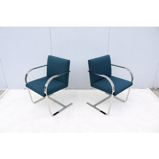 Blue Ludwig Mies Van Der Rohe Brno Flat Bar Chairs in Blue Fabric by Gordon, a Pair For Sale - Image 8 of 18