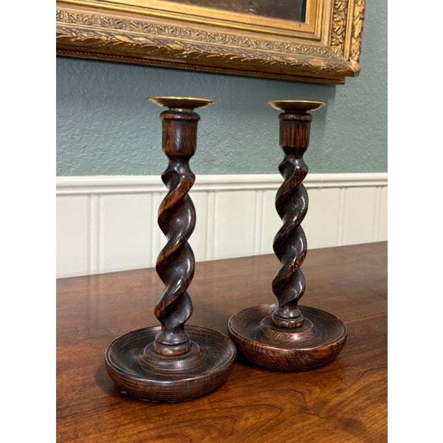 English Antique English Barley Twist Candlesticks Candle Holders Oak Pair 10.5" Tall For Sale - Image 3 of 17
