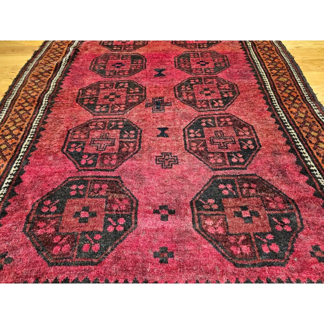 Vintage Afghan Bokhara Area Rug, Hand-Knotted Wool, Allover Geometric Pattern, Plum & Burgundy, 4x5 For Sale - Image 11 of 17