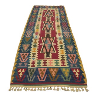 1960s Turkish Tribal Style Hand Knotted Oushak Kilim Runner Rug For Sale