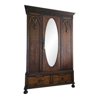 Antique Victorian Gothic Revival Armoire 19th Century, Handcarved Oak For Sale