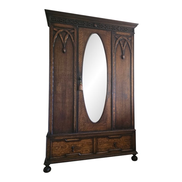 Antique Victorian Gothic Revival Armoire 19th Century, Handcarved Oak For Sale