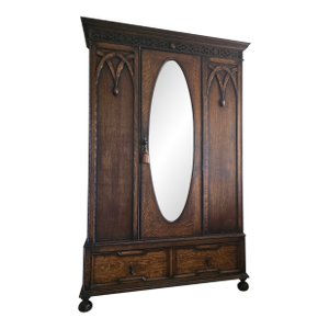 Antique Victorian Gothic Revival Armoire 19th Century, Handcarved Oak