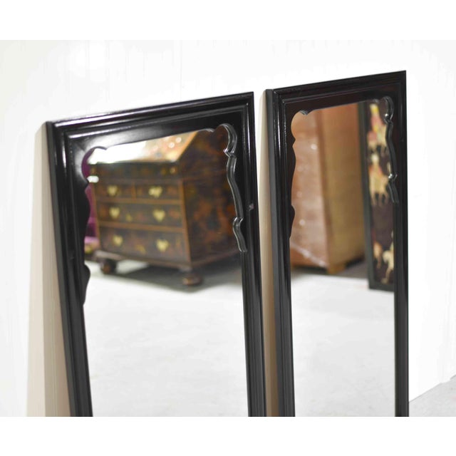 Wood Mid Century Chinoiserie Black Lacquer Mirrors by Raymond Sobota for Century Furniture Chinoiserie Collection - A Pair For Sale - Image 7 of 8