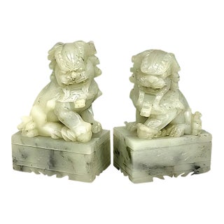 Vintage Chinese Carved Soapstone Foo Dog Guardian Lion Statues Pair on Marble Base For Sale