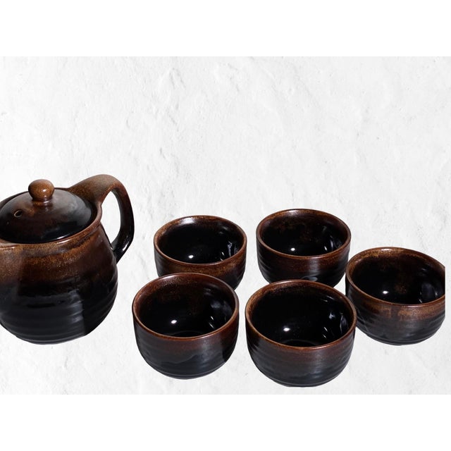 Ceramic Vintage Japanese Stoneware Tea Service in Smoky Tenmoku Glaze — Set of 6 For Sale - Image 7 of 12