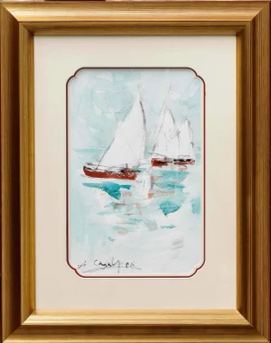Amadeu Casals, Landscape with Sailboats, Watercolor on Paper, Framed