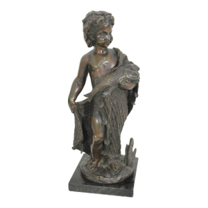 19th C. French Bronze Fisher Boy Sculpture Signed Emile Boyer, Antique Nautical Mantel Decor, Maritime Fine Art Bronze, Coastal Grandmillennial Gift