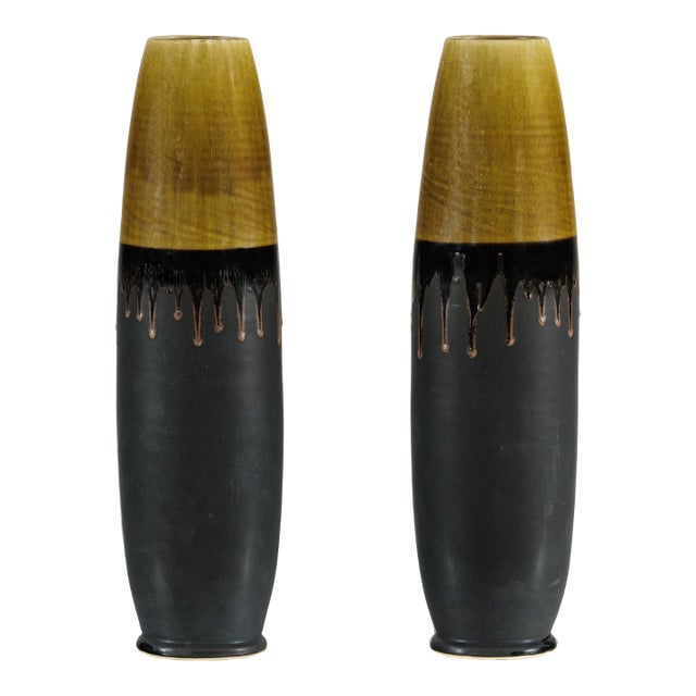 Artisan Slim Ochre and Black Ceramic Vases with Drip-Glaze Tops - A Pair For Sale