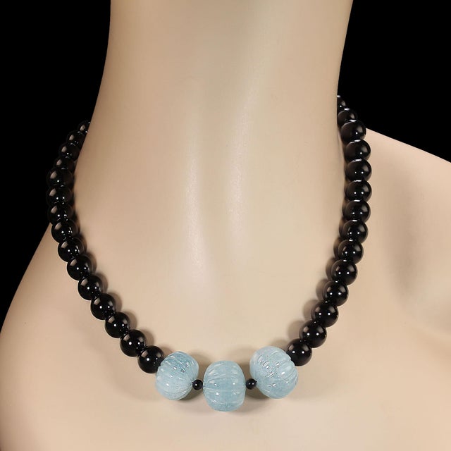 Traditional Ajd 18 Inch Elegant Black Onyx Necklace With Hand Carved Aquamarine Accents For Sale - Image 3 of 5