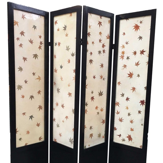 Mid-Century Modern 1950s Black Lacquer Folding Screen W/ Fiberglass Maple Leaf Inserts For Sale - Image 3 of 7