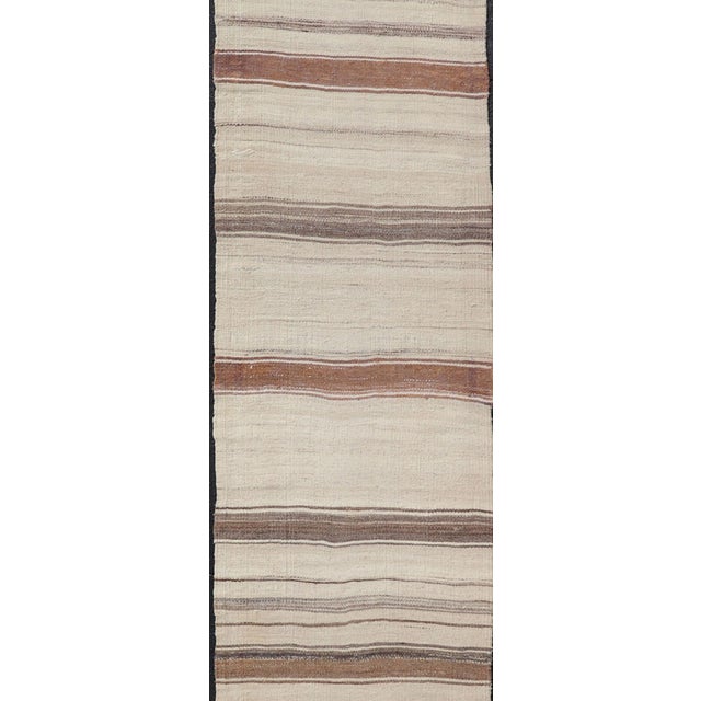 Vintage Narrow Turkish Kilim Runner With Beige and Soft Brown Stripes For Sale - Image 4 of 13