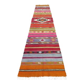 Mid 20th Century Colofull Organic Wool Turkish Kilim Runner Hallway Rug For Sale