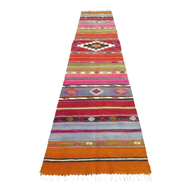 Mid 20th Century Colofull Organic Wool Turkish Kilim Runner Hallway Rug For Sale