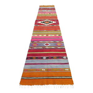 Mid 20th Century Colofull Organic Wool Turkish Kilim Runner Hallway Rug