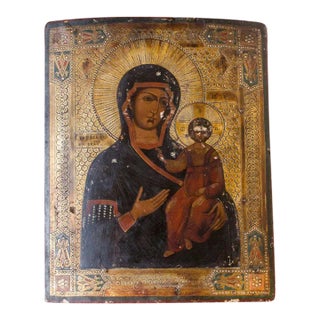 Antique Early 1800s Original Russian Icon Hand Painted Annunciation Our Lady of Kazan Madonna and Jesus For Sale